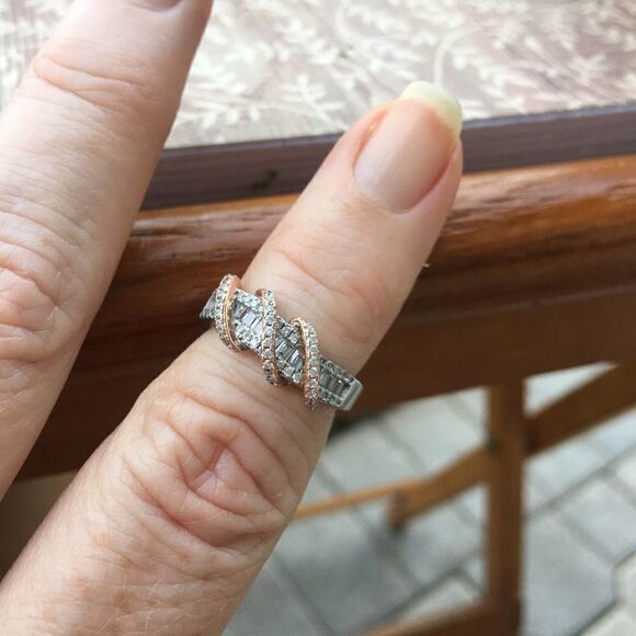 Sterling Silver Two Tone Rose Gold Plated Classic Twisted Clear CZ Ring Size 6 - Picture 6 of 6